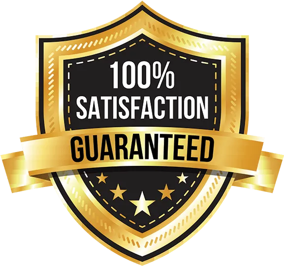 Gold shield badge with "100% Satisfaction Guaranteed" written on it.